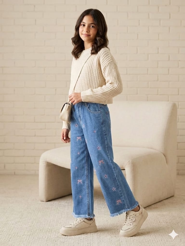Star With Bow Embroidery Mid Blue Jeans Girls