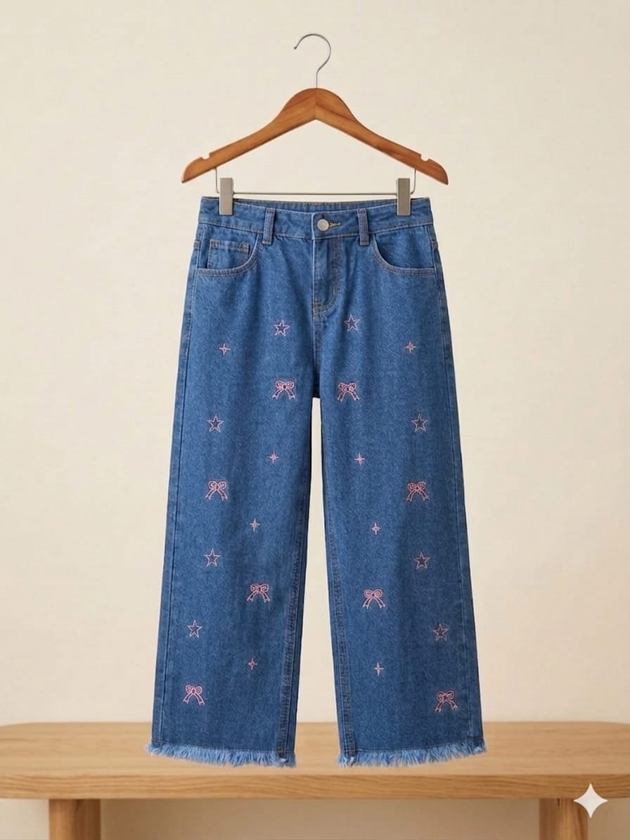 Star With Bow Embroidery Sky Blue Jeans Girls