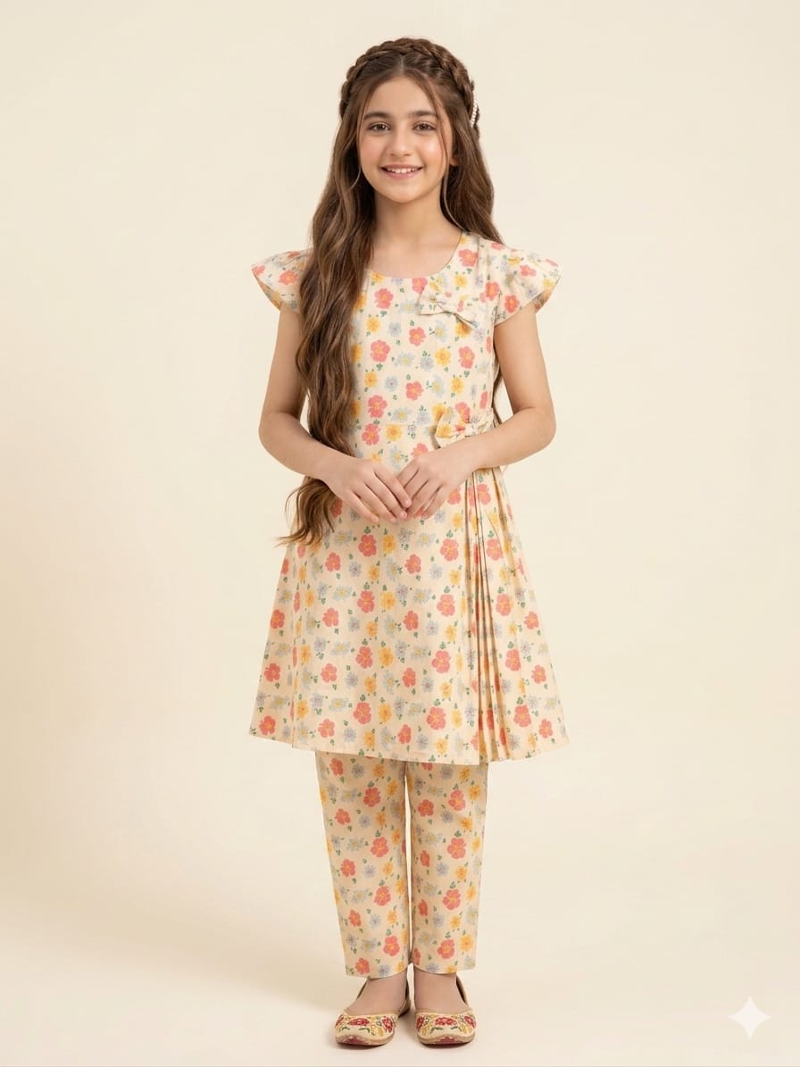 Peach & Yellow Flower Cream Frock Suit Girls ( R-450 )