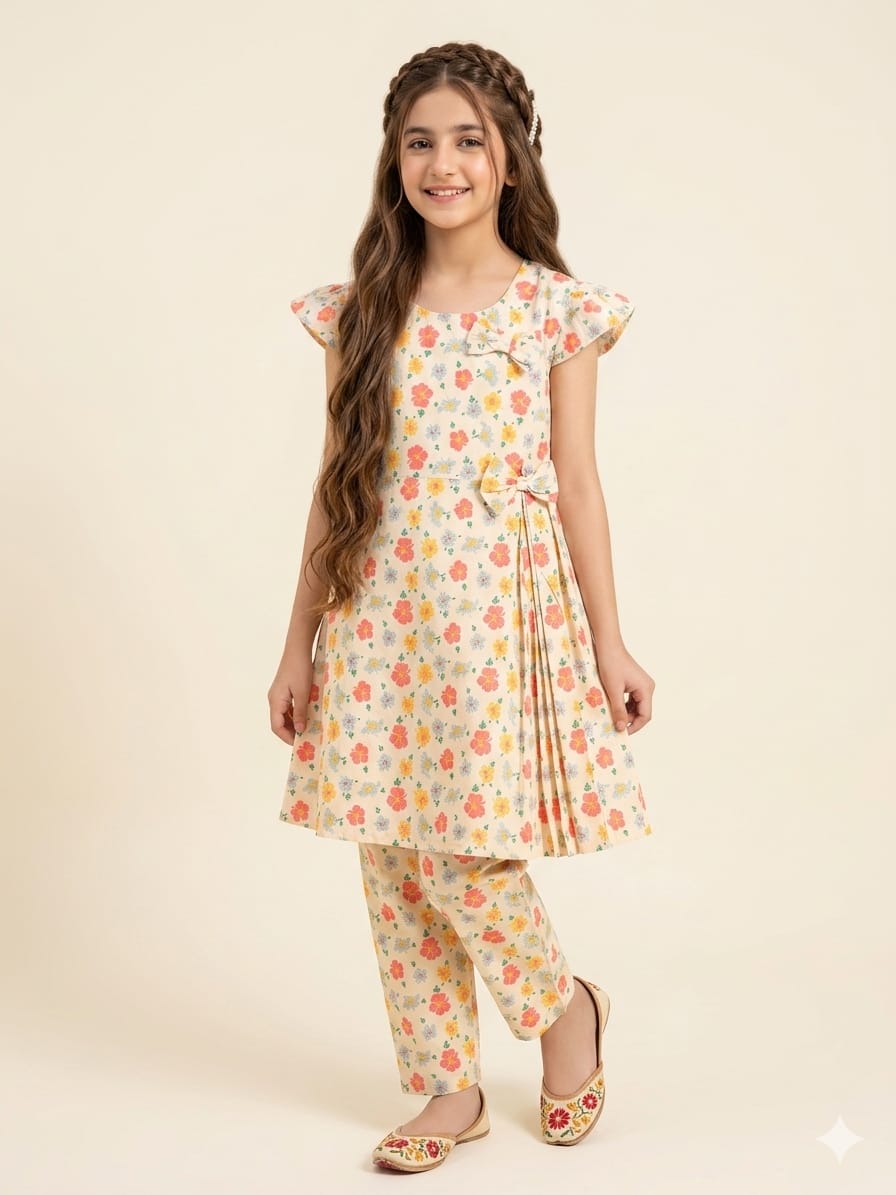 Peach & Yellow Flower Cream Frock Suit Girls ( R-450 )