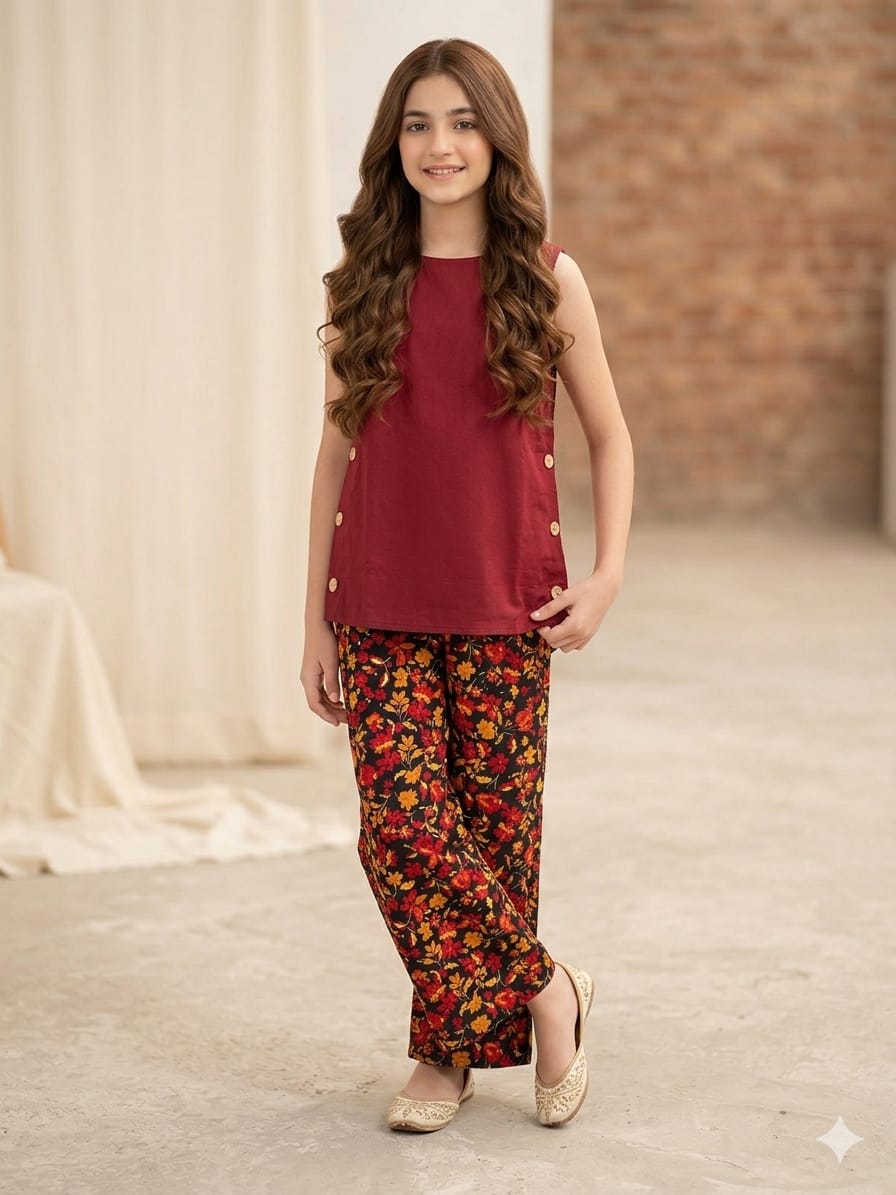 2 Simple Sleeveless Mahroon Suit Girls ( R-430 )