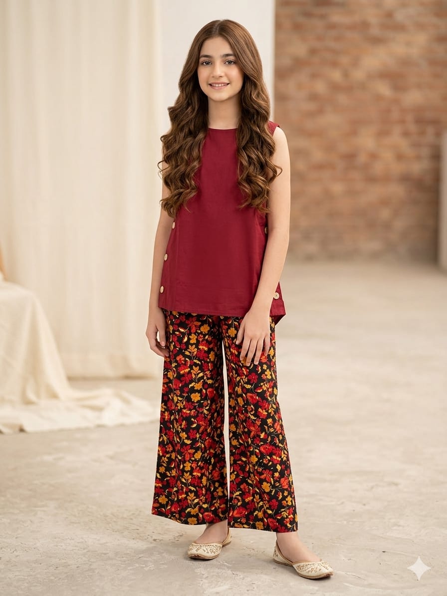 2 Simple Sleeveless Mahroon Suit Girls ( R-430 )