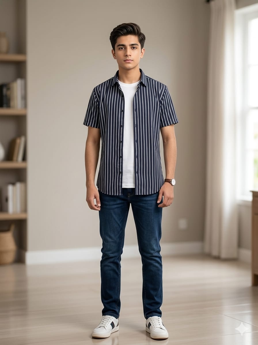 Navy White Line Casual Shirt Men's ( R-343 N )
