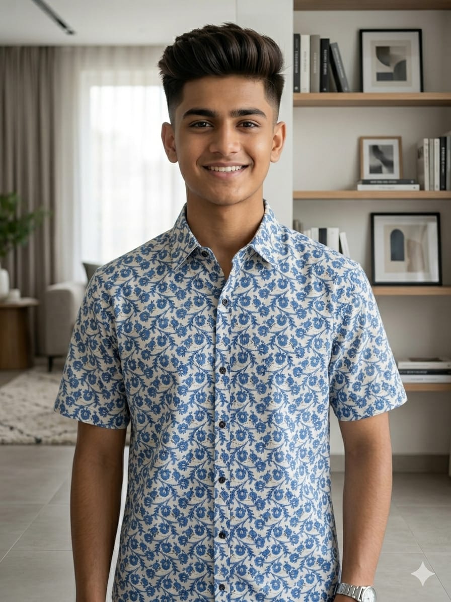 Blue Flower White Casual Shirt Men's