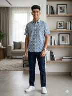Blue Flower White Casual Shirt Men's