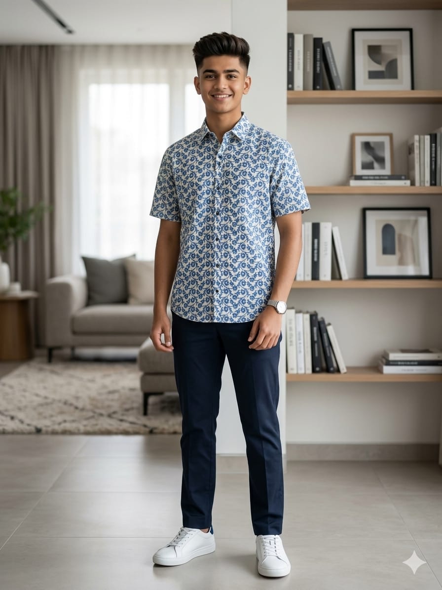 Blue Flower White Casual Shirt Men's