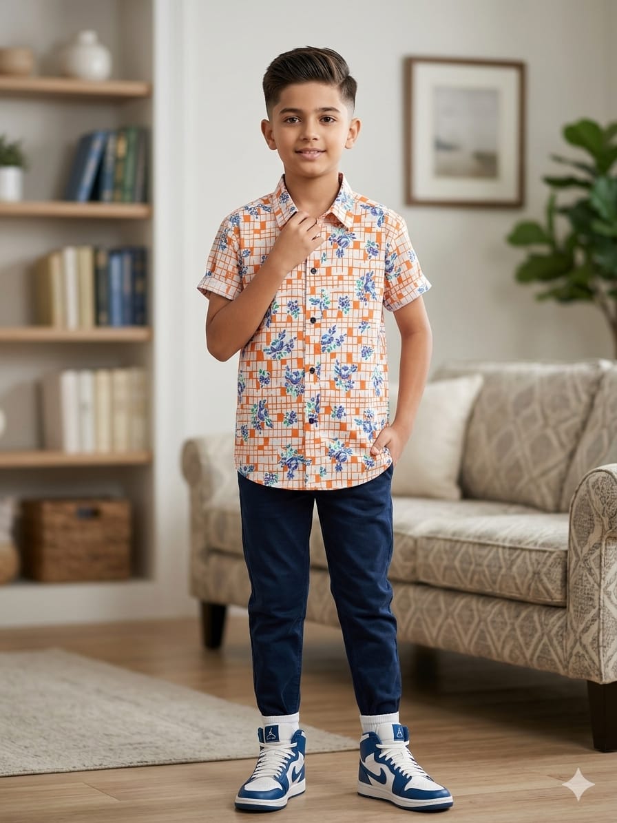 Blue Flower Orange Casual Shirt Boys(R-419N)