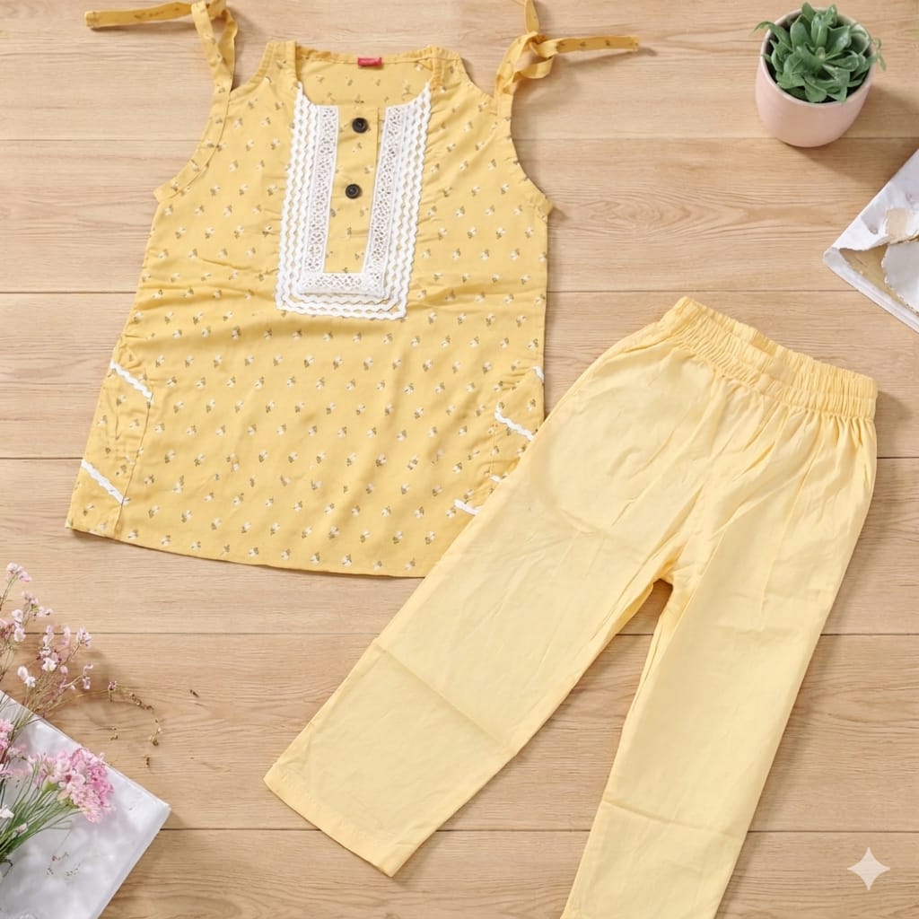 White Flower Sleeveless Lemon Suit Girls