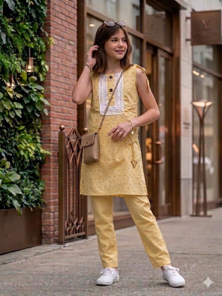 White Flower Sleeveless Lemon Suit Girls