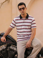 Red Edge Striper White Collar T-Shirt  For Men's