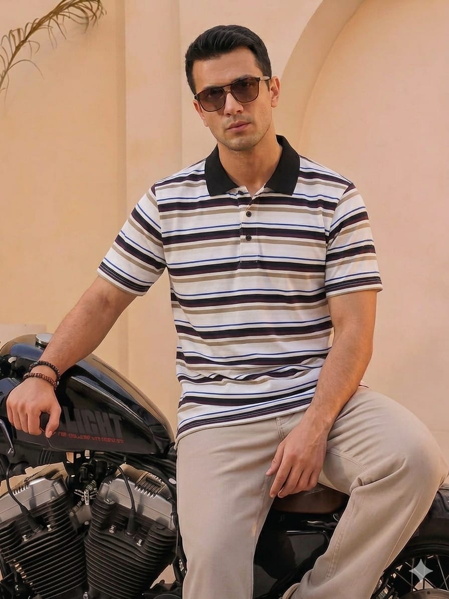 Royal Striper Mix Cream T-Shirt  For Men's