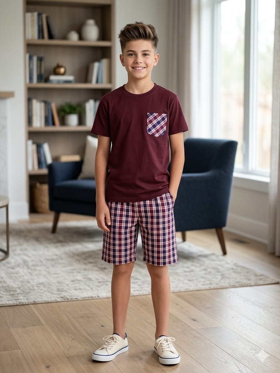 Front Pocket Mahroon Cotton Nicker Suit Boys