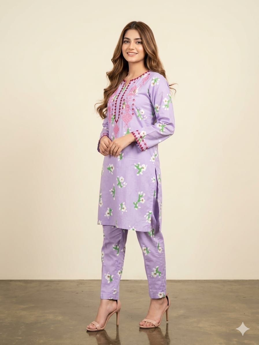 Front Embroidery Light Purple 2Pcs Suit For Women