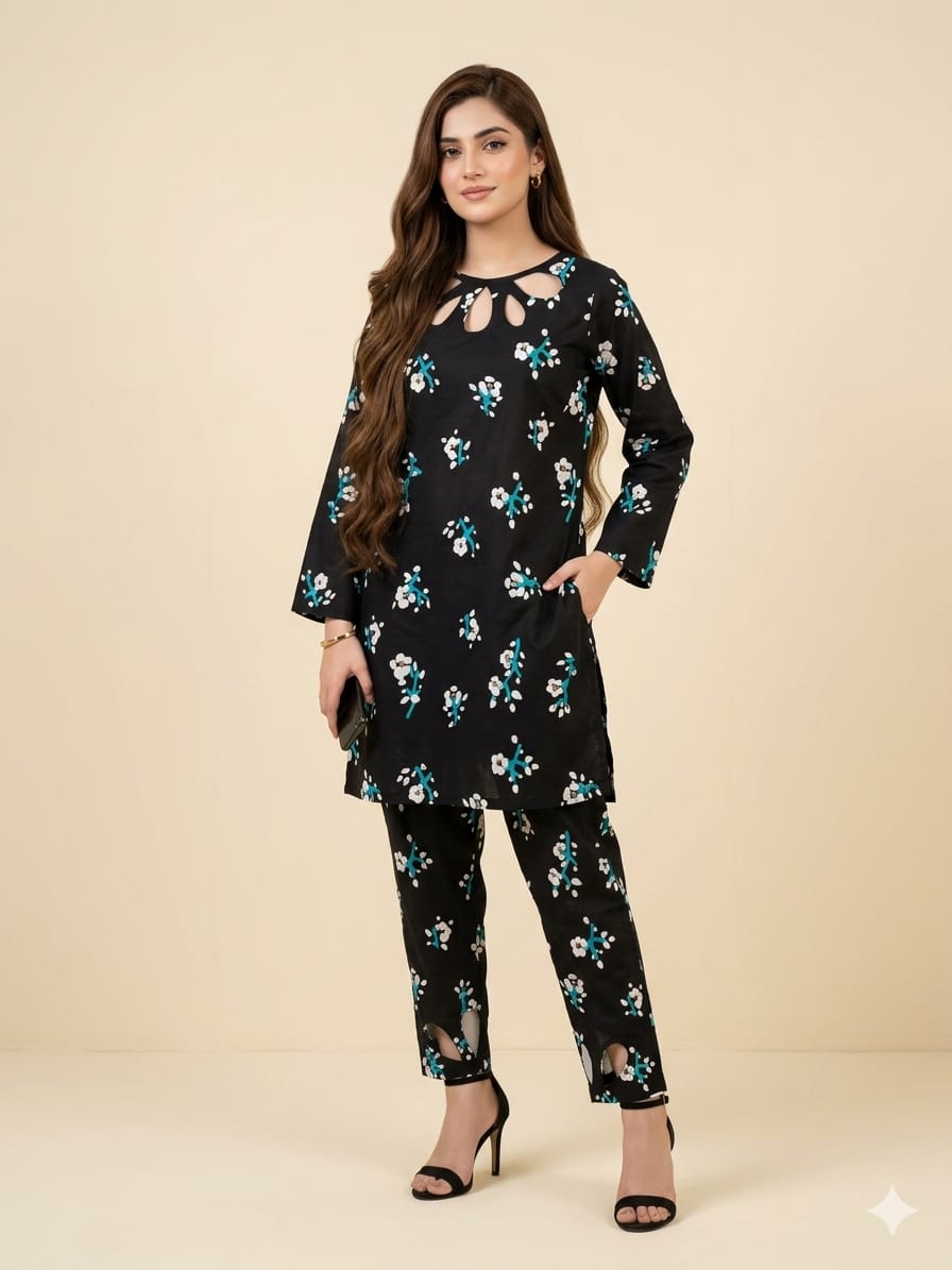 White Flower Black 2Pcs Suit For Women