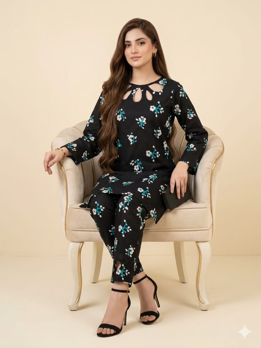 White Flower Black 2Pcs Suit For Women