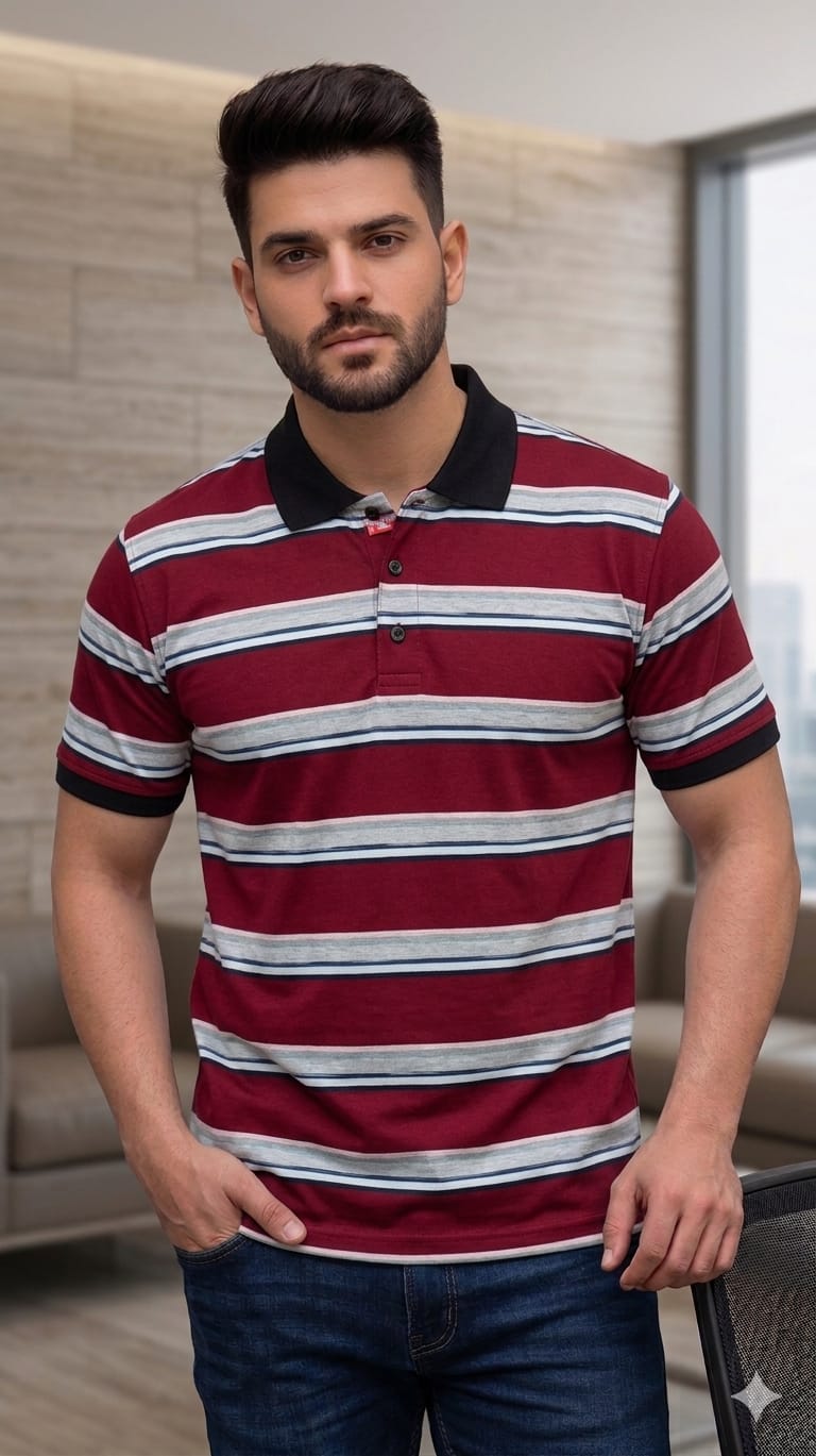 Multi Striper Mahroon Collar T-Shirt For Men's ( R-387 )