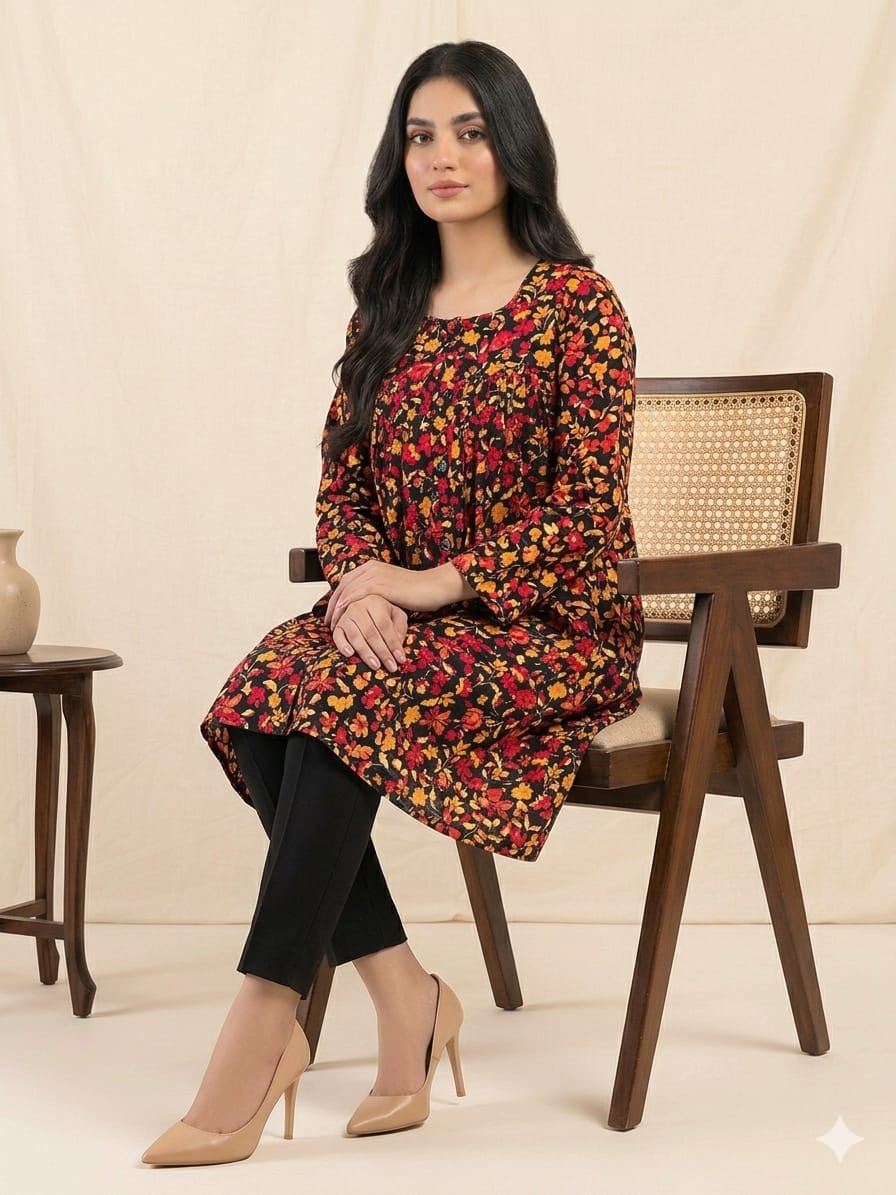 Red Flower All Over Print Black Top Women