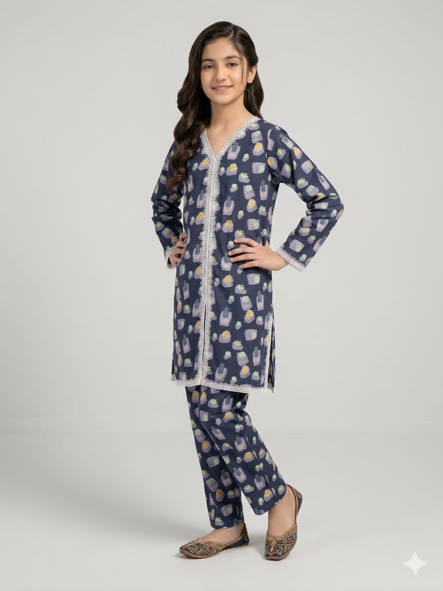 Diamond Print Navy 2Pcs Suit Girls
