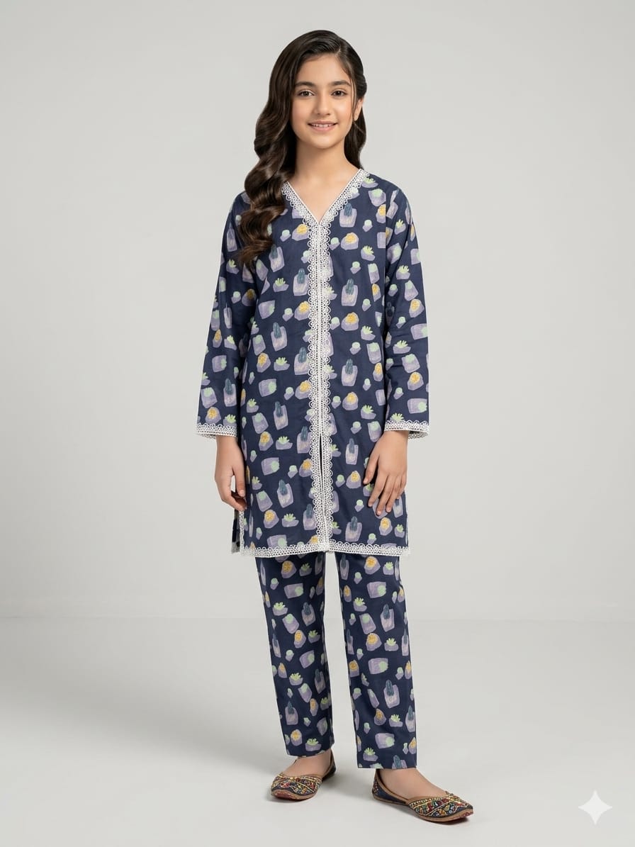Diamond Print Navy 2Pcs Suit Girls