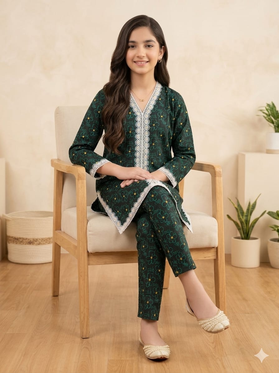 Green Flower Black 2Pcs Suit Girls
