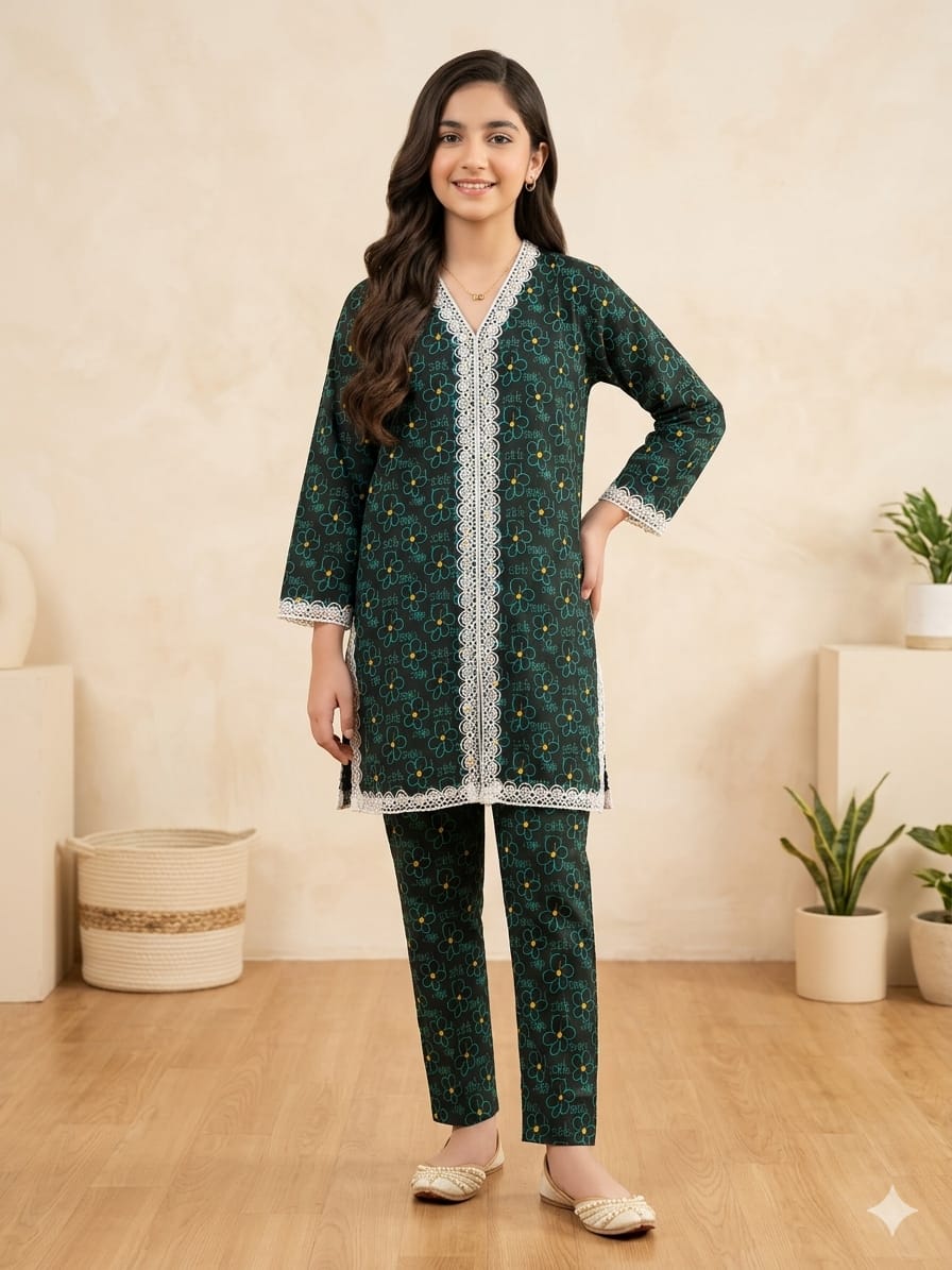 Green Flower Black 2Pcs Suit Girls