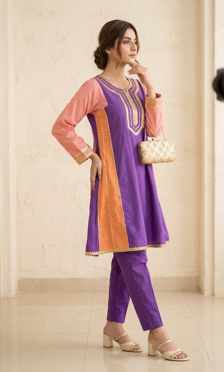 Purple Pink Penal Frock 2 Pcs Suit For Women