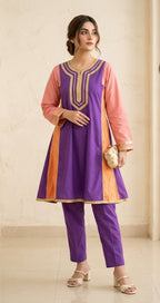Purple Pink Penal Frock 2 Pcs Suit For Women