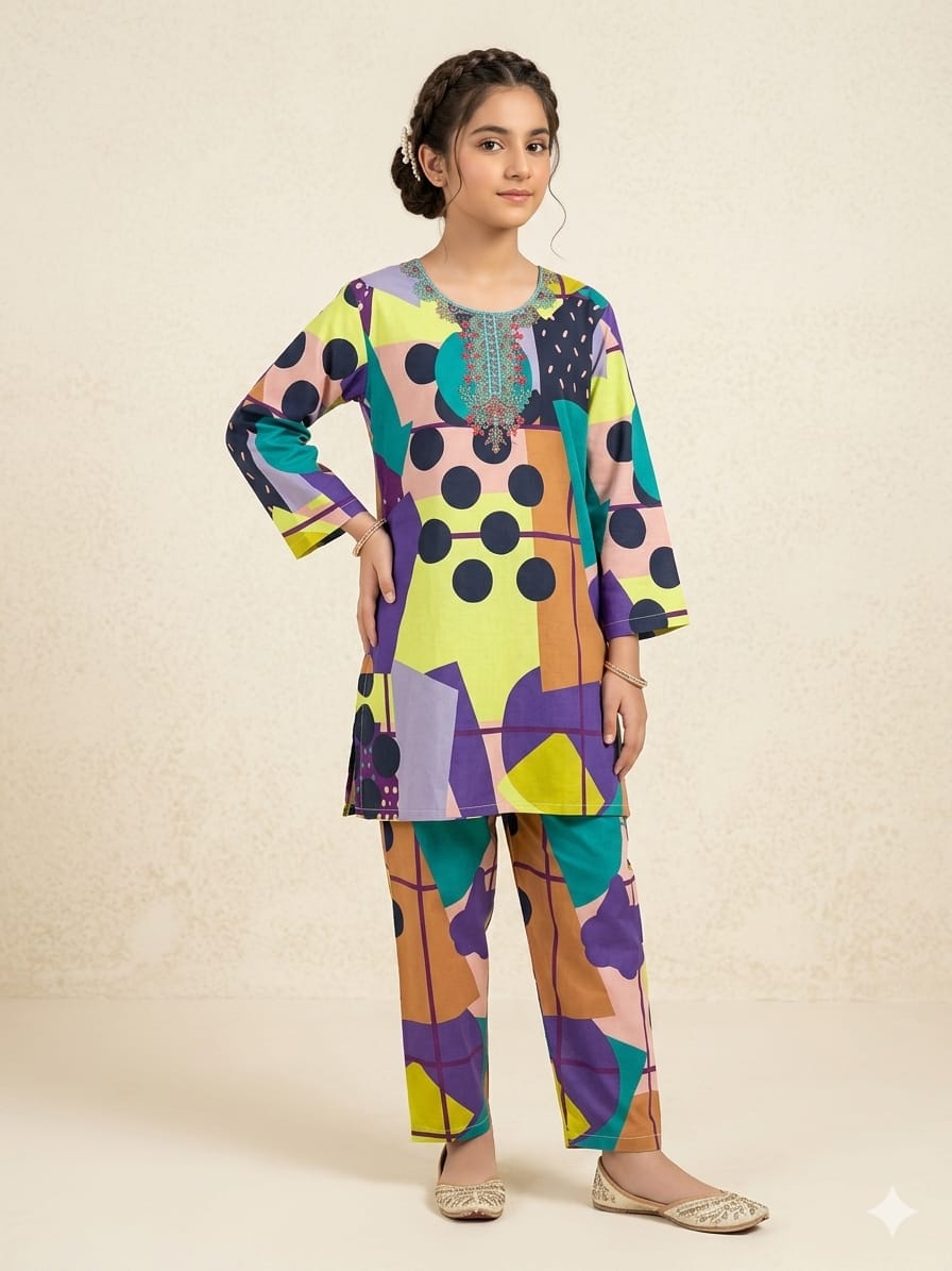 Front Embroidery  Zig Zag 2Pcs Suit Girls (R-243)