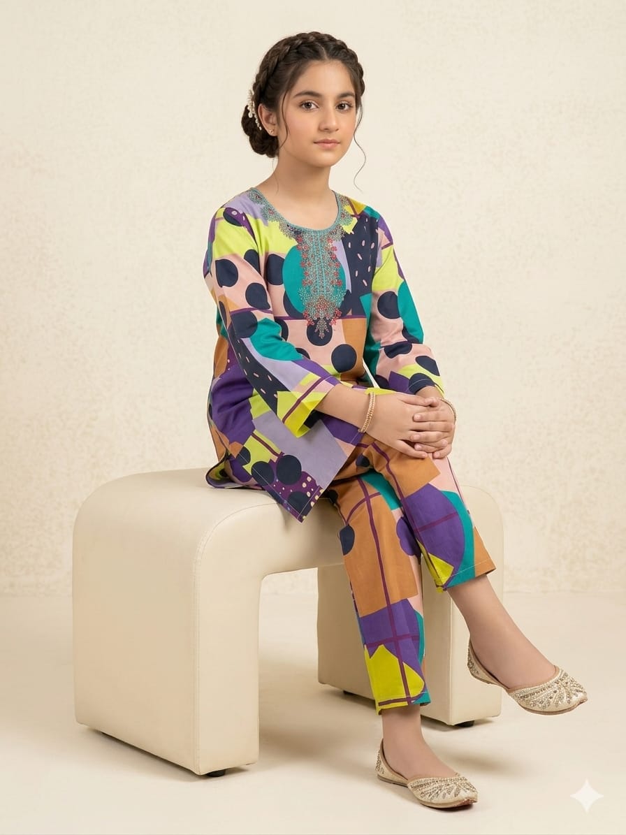 Front Embroidery  Zig Zag 2Pcs Suit Girls (R-243)