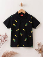 Pineapple Print Black Collar Polo Boys