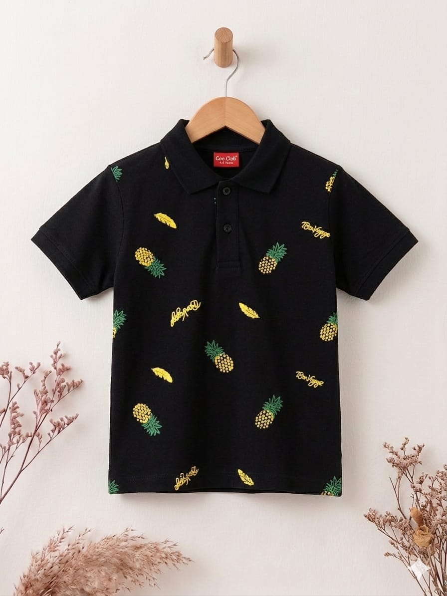 Pineapple Print Black Collar Polo Boys