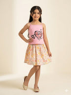 Heart Print Baby Pink Skirt Suit Girls
