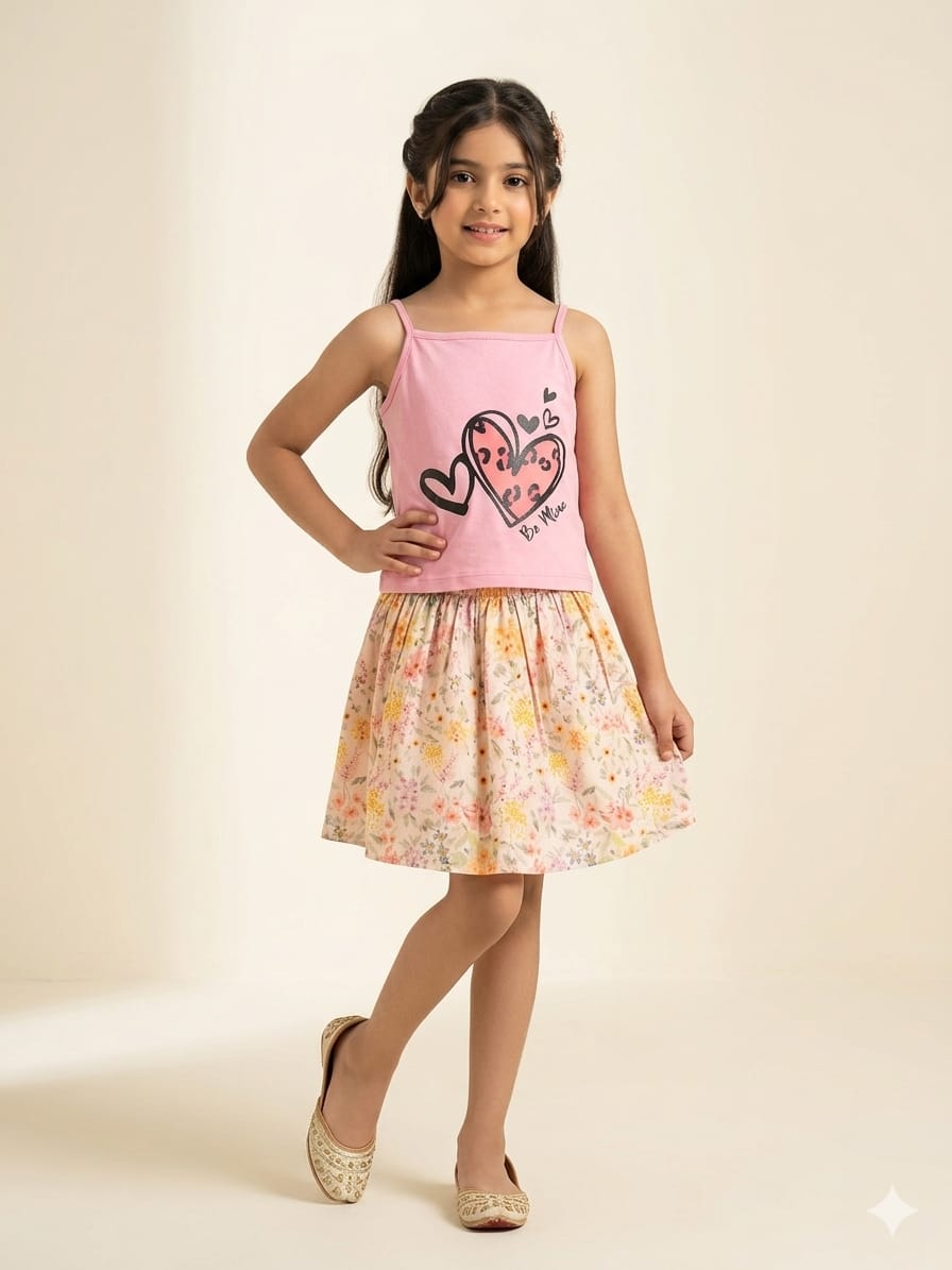 Heart Print Baby Pink Skirt Suit Girls