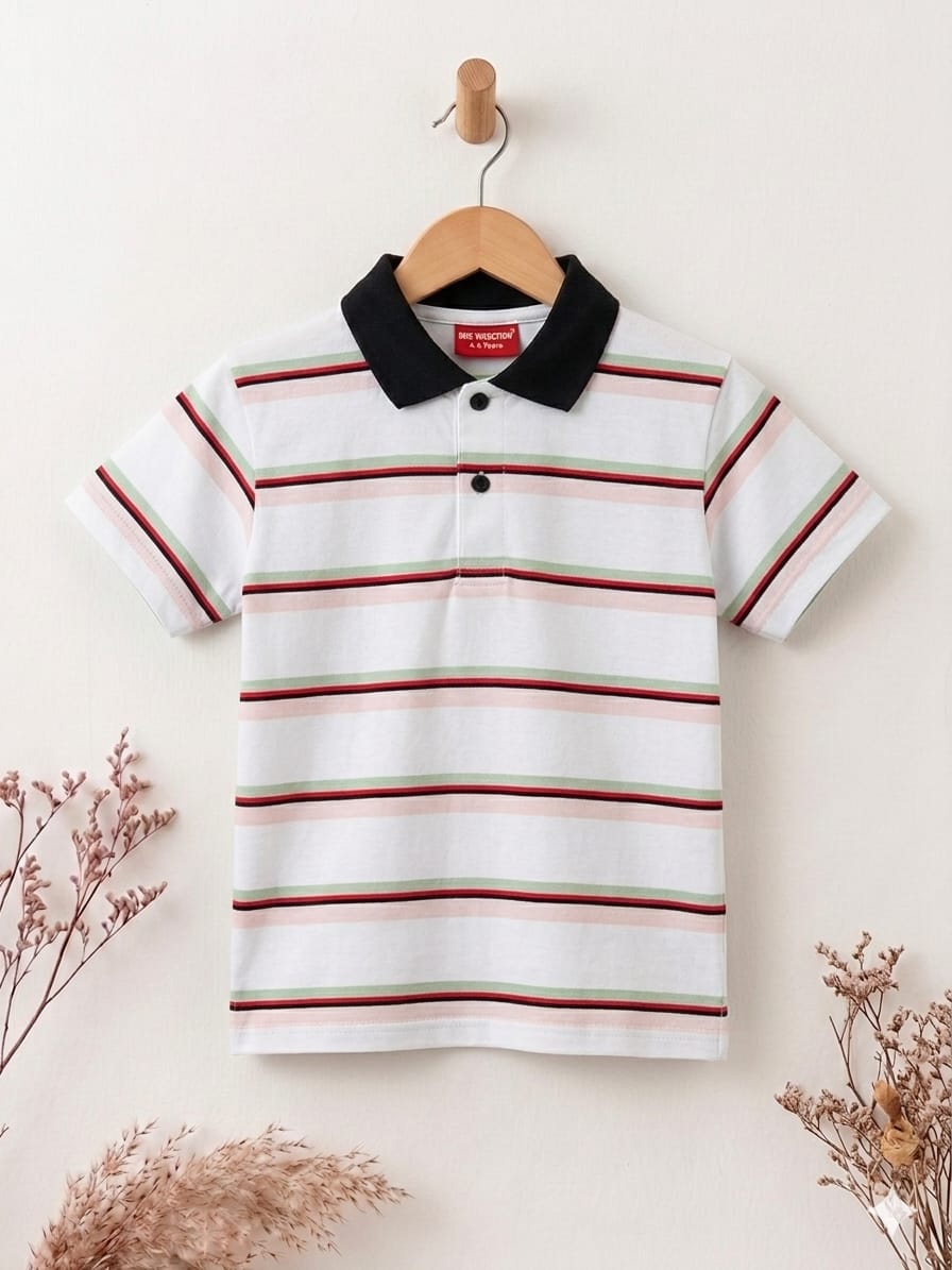Red Line Striper White Collar T-Shirt Boys