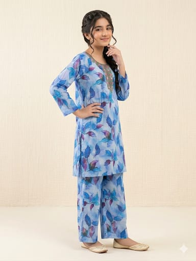 Front Embroidery Blue Flower Sky 2Pcs Suit Girls