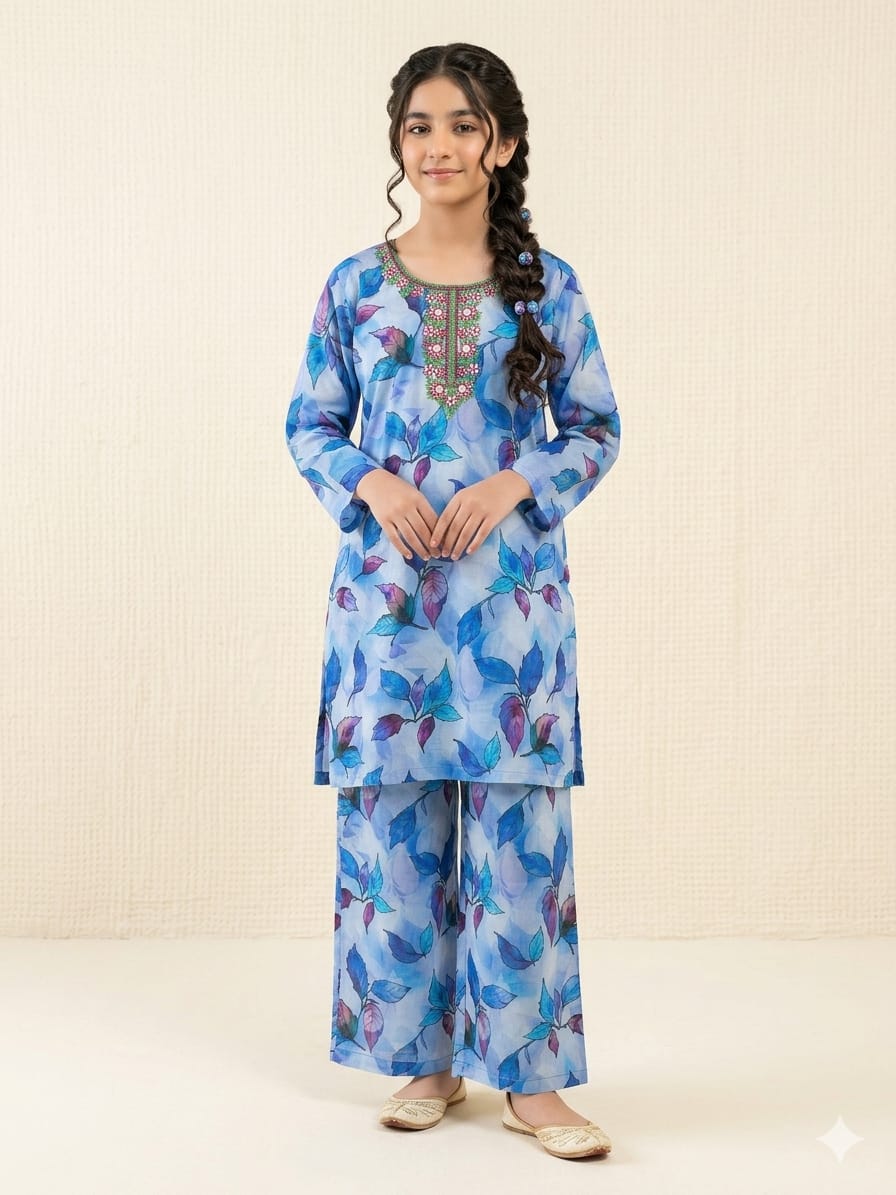 Front Embroidery Blue Flower Sky 2Pcs Suit Girls