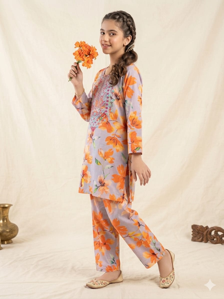 Front Embroidery Orange Flower Selati 2Pcs Suit Girls (R-426)