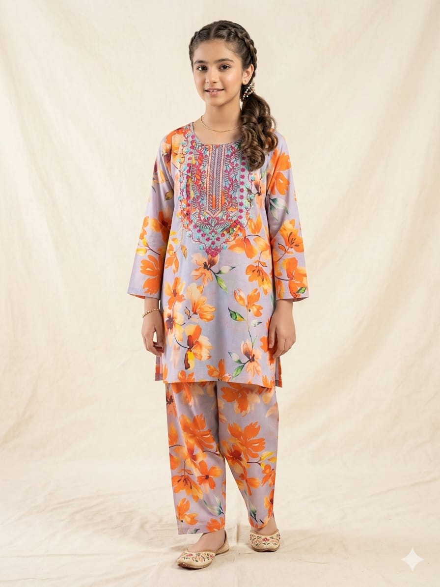 Front Embroidery Orange Flower Selati 2Pcs Suit Girls (R-426)