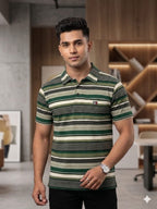 Green Striper Mehndi Collar T-Shirt For Men's