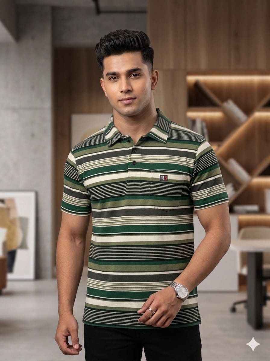 Green Striper Mehndi Collar T-Shirt For Men's