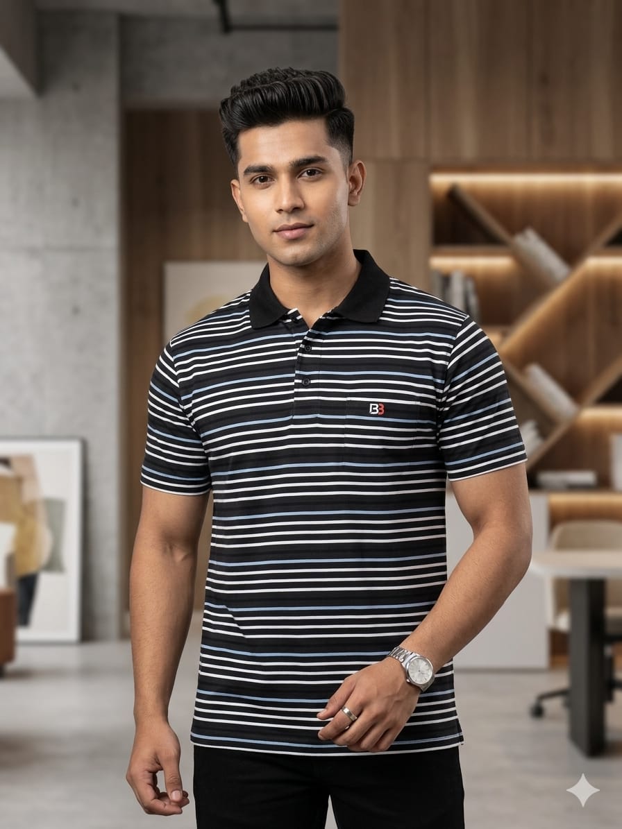 Black White Striper Black Collar T-Shirt For Men's