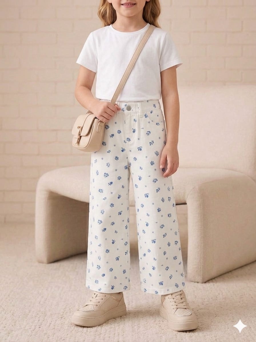 Blue Flower All Over Print Cotton Pant Girls