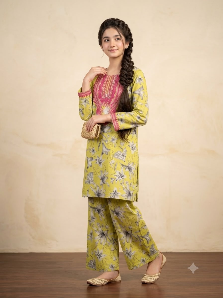 Grey Flowers Embroidery Yellow Suit- Girls(R-243)