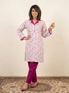 Tulip Flower Print Coat Coller White 2 Pcs Suit For Women's