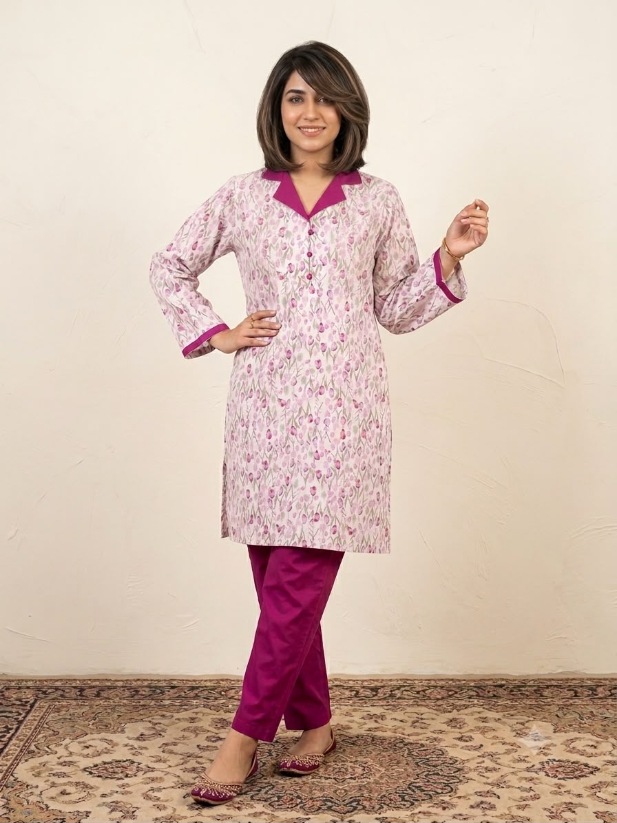 Tulip Flower Print Coat Coller White 2 Pcs Suit For Women's
