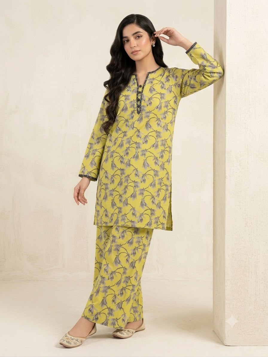 Gray Flower Yellow Two Pieces Suit- Women(373N)