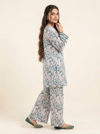 C Green Flower White Frock 2 Pcs Suit For Women