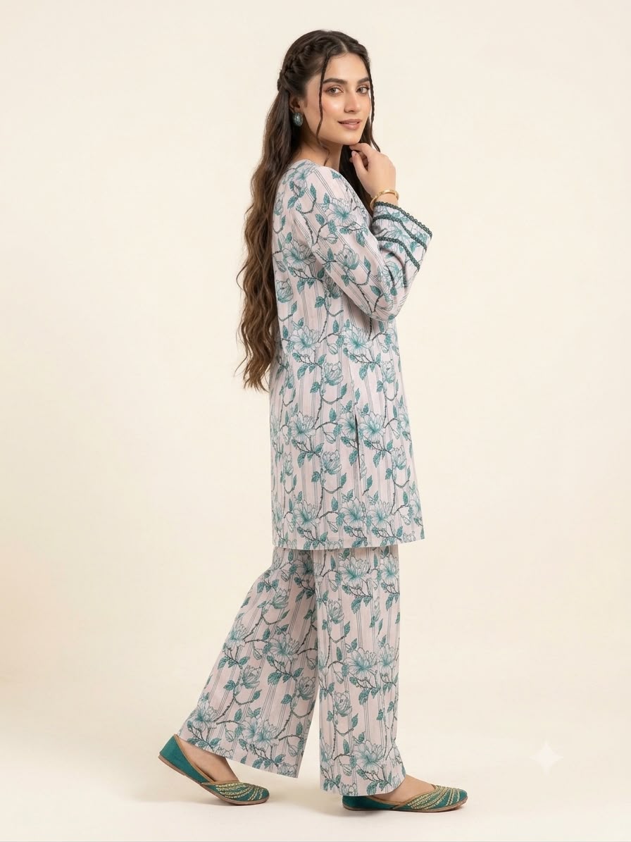 C Green Flower White Frock 2 Pcs Suit For Women(R-374N)