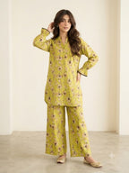 Brown Flower Print Yellow Two Pieces- Women