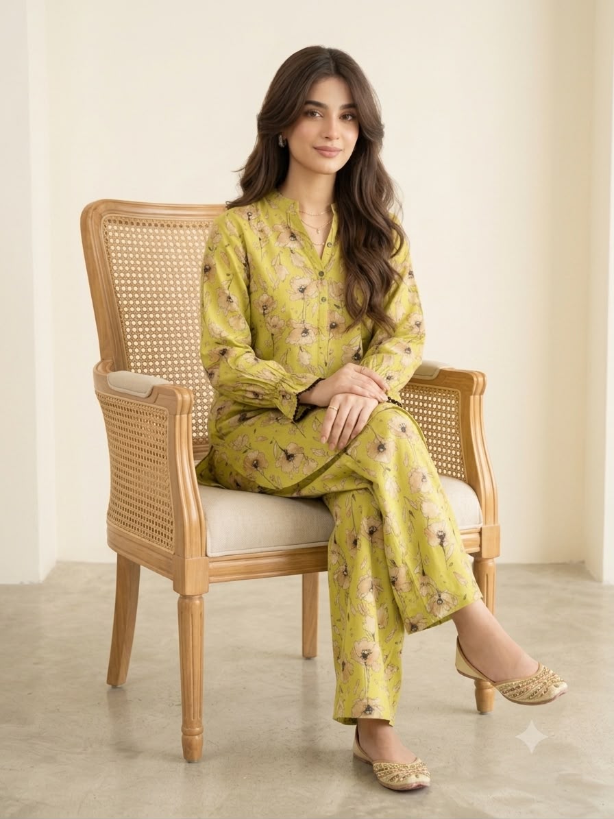 Brown Flower Print Yellow Two Pieces- Women